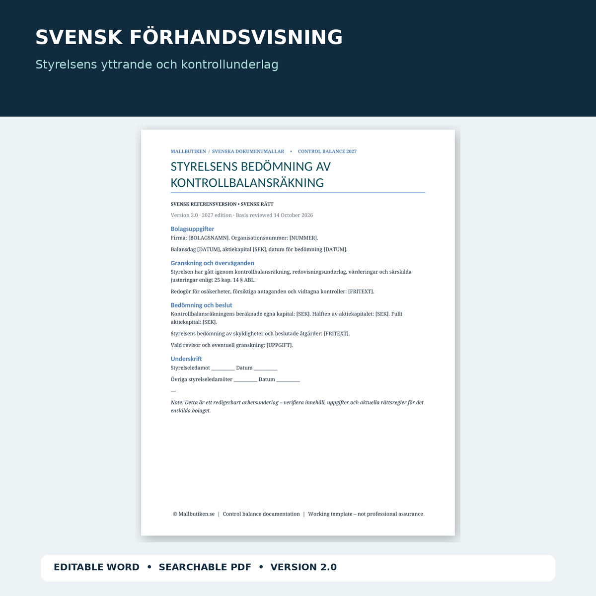 Svensk kontrollbalansräkning 2027 – styrelseunderlag förhandsvisning