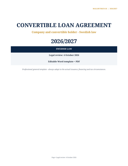 Cover of Convertible Loan Agreement 2026/2027 under Swedish law