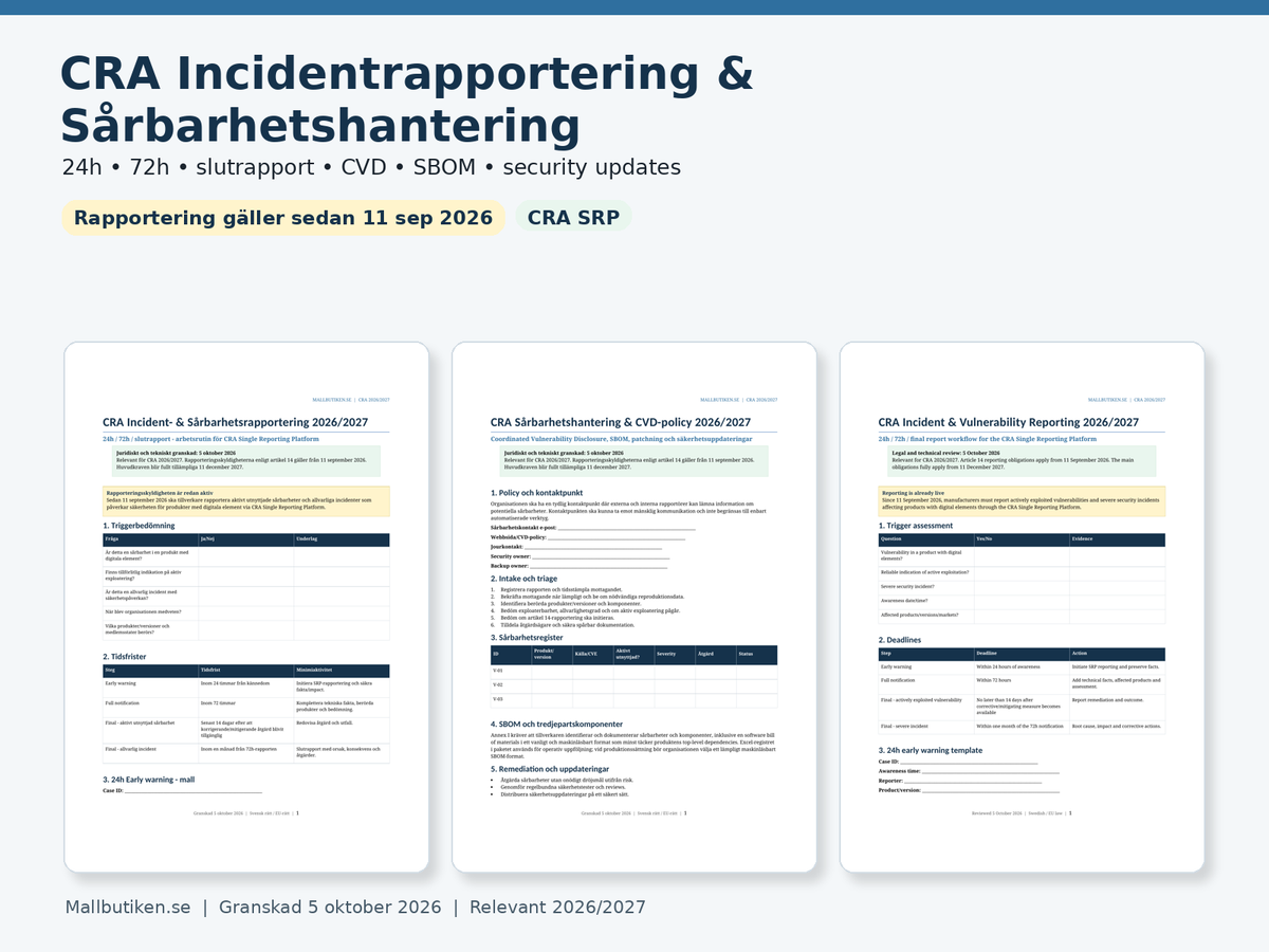 CRA incidentrapportering sårbarhetshantering SBOM 24h 72h 2026/2027