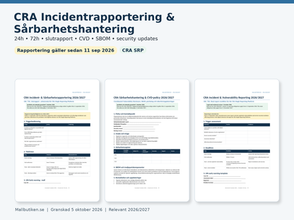 CRA incidentrapportering sårbarhetshantering SBOM 24h 72h 2026/2027