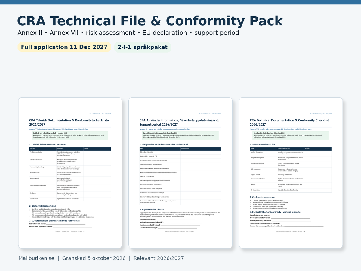 CRA technical file teknisk dokumentation konformitet Annex II Annex VII 2026/2027