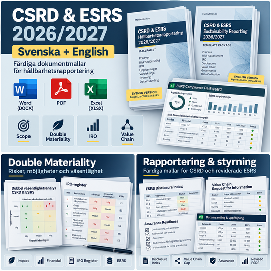 CSRD och ESRS hållbarhetsrapportering 2026/2027 svenska engelska Word PDF Excel