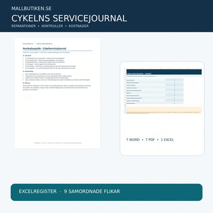 Excelregister för cykelunderhåll med nio flikar och formelstyrd översikt