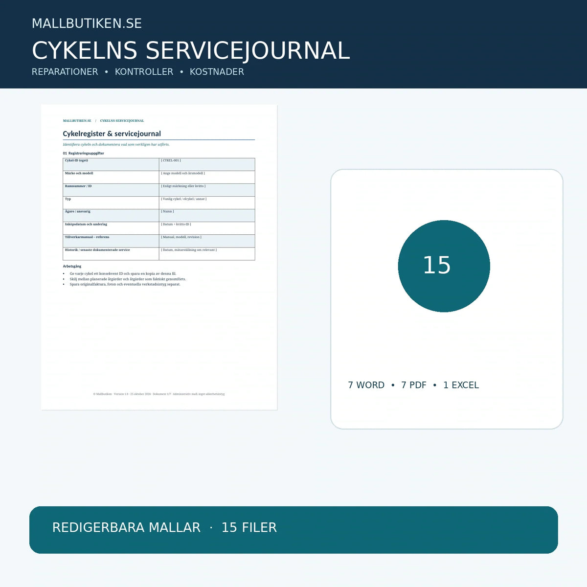 Cykelns servicejournal och reparationsregister – dokument i Word, PDF och Excel