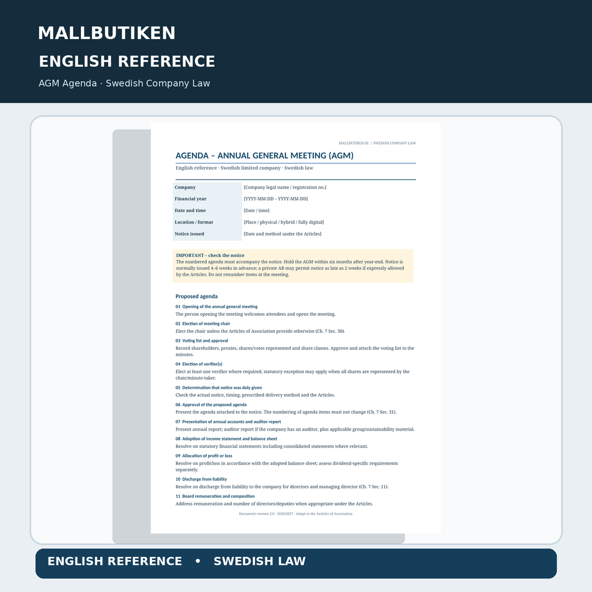 Annual General Meeting Agenda Swedish company – English reference