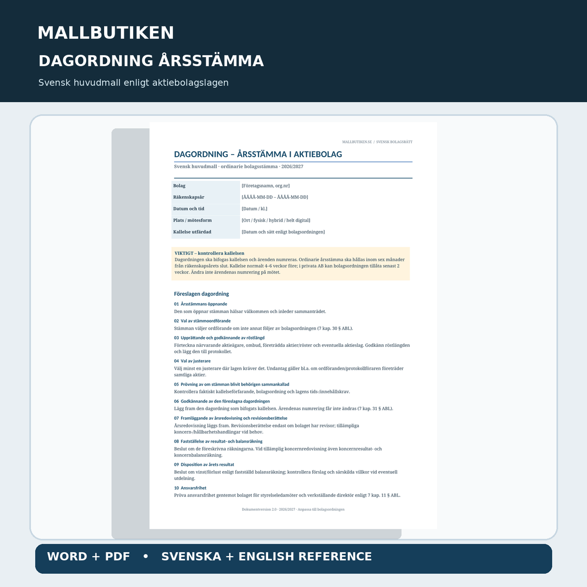 Dagordning årsstämma aktiebolag – svensk Word/PDF-mall med guide