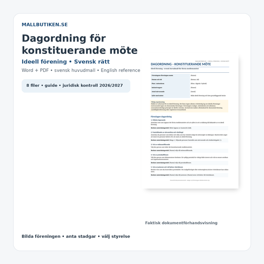 Dagordning för konstituerande möte i ideell förening – svensk Word- och PDF-mall