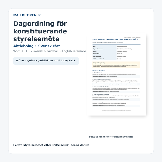 Dagordning för konstituerande styrelsemöte i aktiebolag – svensk Word- och PDF-mall
