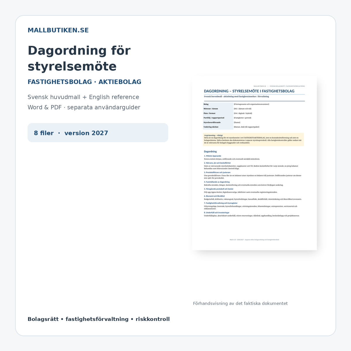 Dagordning styrelsemöte fastighetsbolag – svensk huvudmall Word PDF