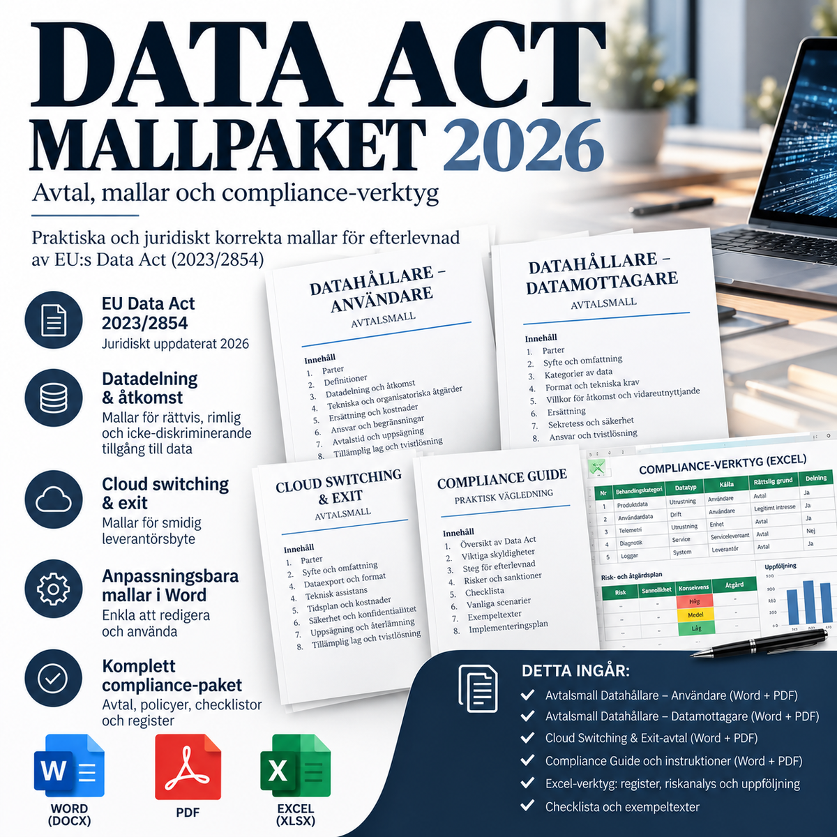 Data Act Mallpaket 2026 – avtal, cloud switching och complianceverktyg i Word PDF och Excel