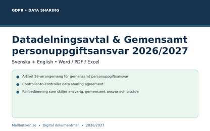 Datadelningsavtal och gemensamt personuppgiftsansvar GDPR 2026/2027 svenska engelska Word PDF Excel