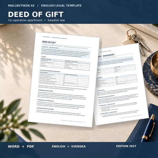 Deed of Gift Co-operative Apartment English template under Swedish law, Word PDF Swedish reference and user guides