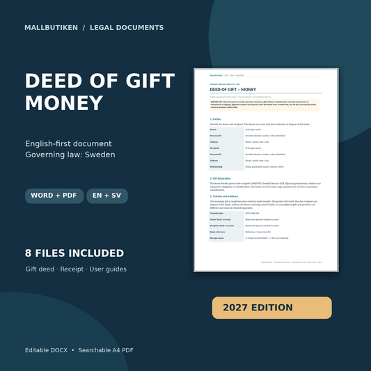 Deed of Gift Money English main template Swedish law Word PDF and Swedish reference