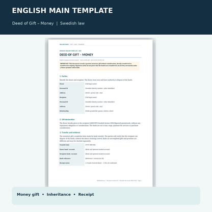 Deed of Gift of Money English main agreement preview under Swedish law