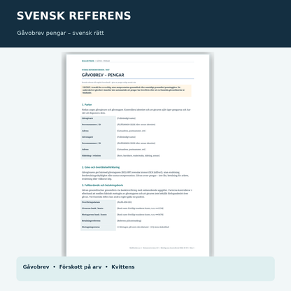 Swedish reference gåvobrev pengar paired with English gift deed