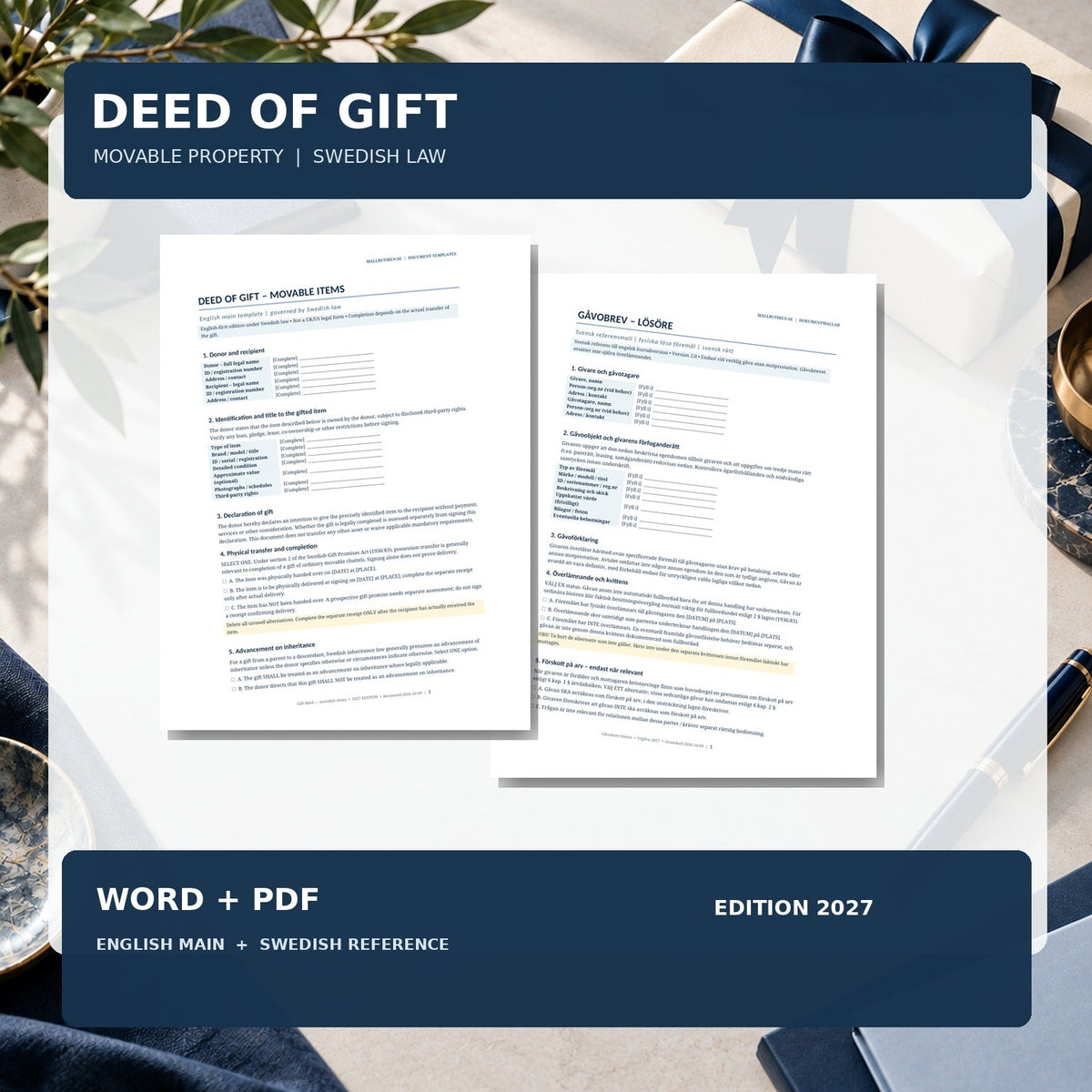 Deed of Gift Movable Property English main template under Swedish law, Word/PDF plus Swedish reference and guides