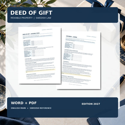 Deed of Gift Movable Property English main template under Swedish law, Word/PDF plus Swedish reference and guides