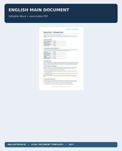 Preview of actual English Deed of Gift of movable items with delivery receipt and inheritance clauses