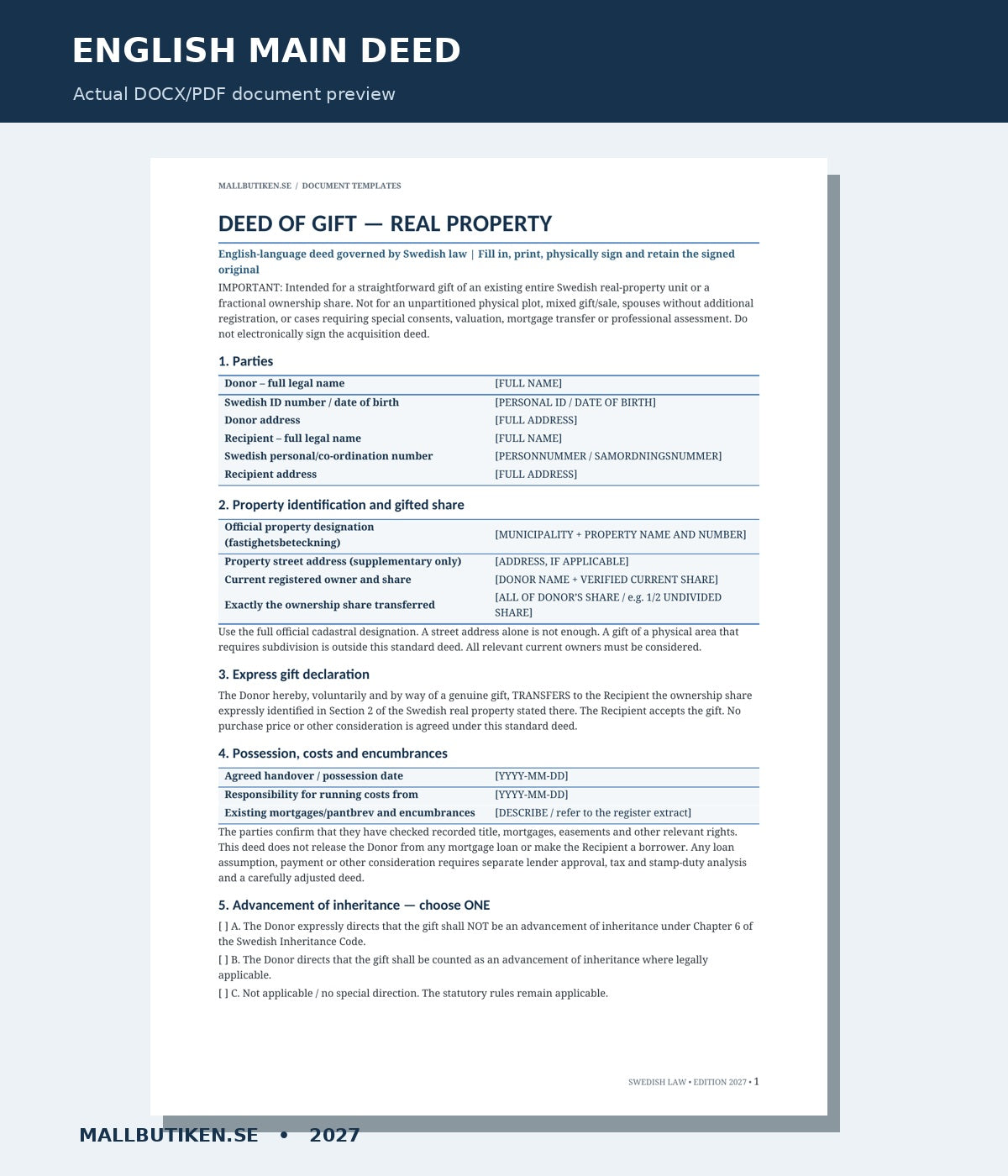Actual English real property gift deed DOCX and PDF first-page preview