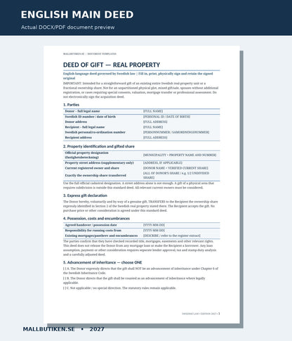 Actual English real property gift deed DOCX and PDF first-page preview