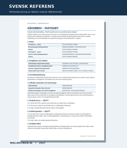 Actual Swedish Gåvobrev fastighet reference document preview