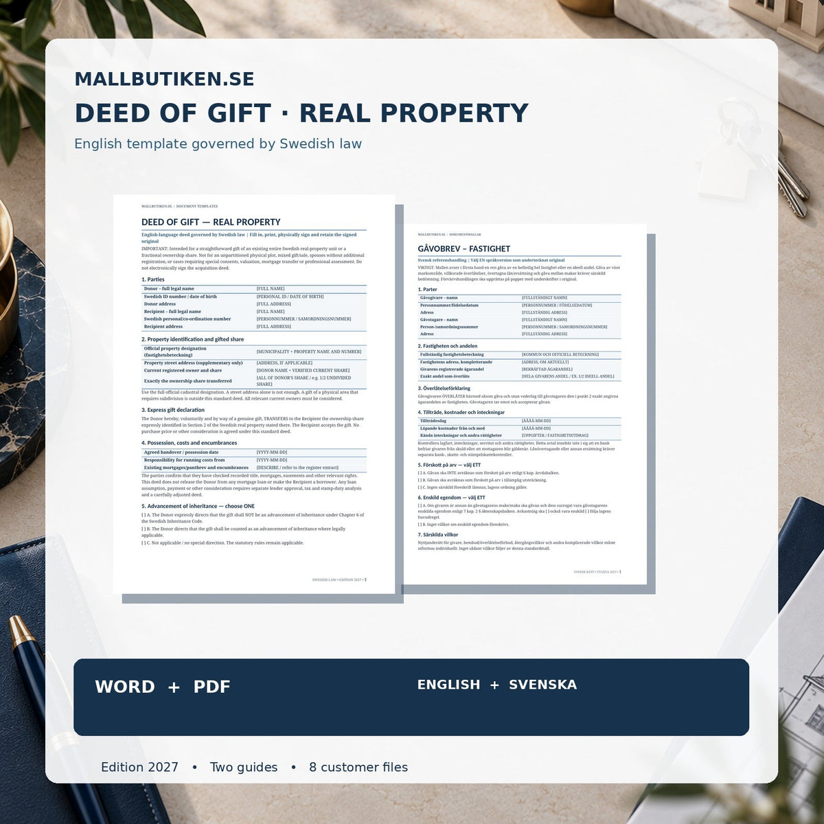 Deed of Gift Real Property English template under Swedish law, Word PDF and Swedish reference