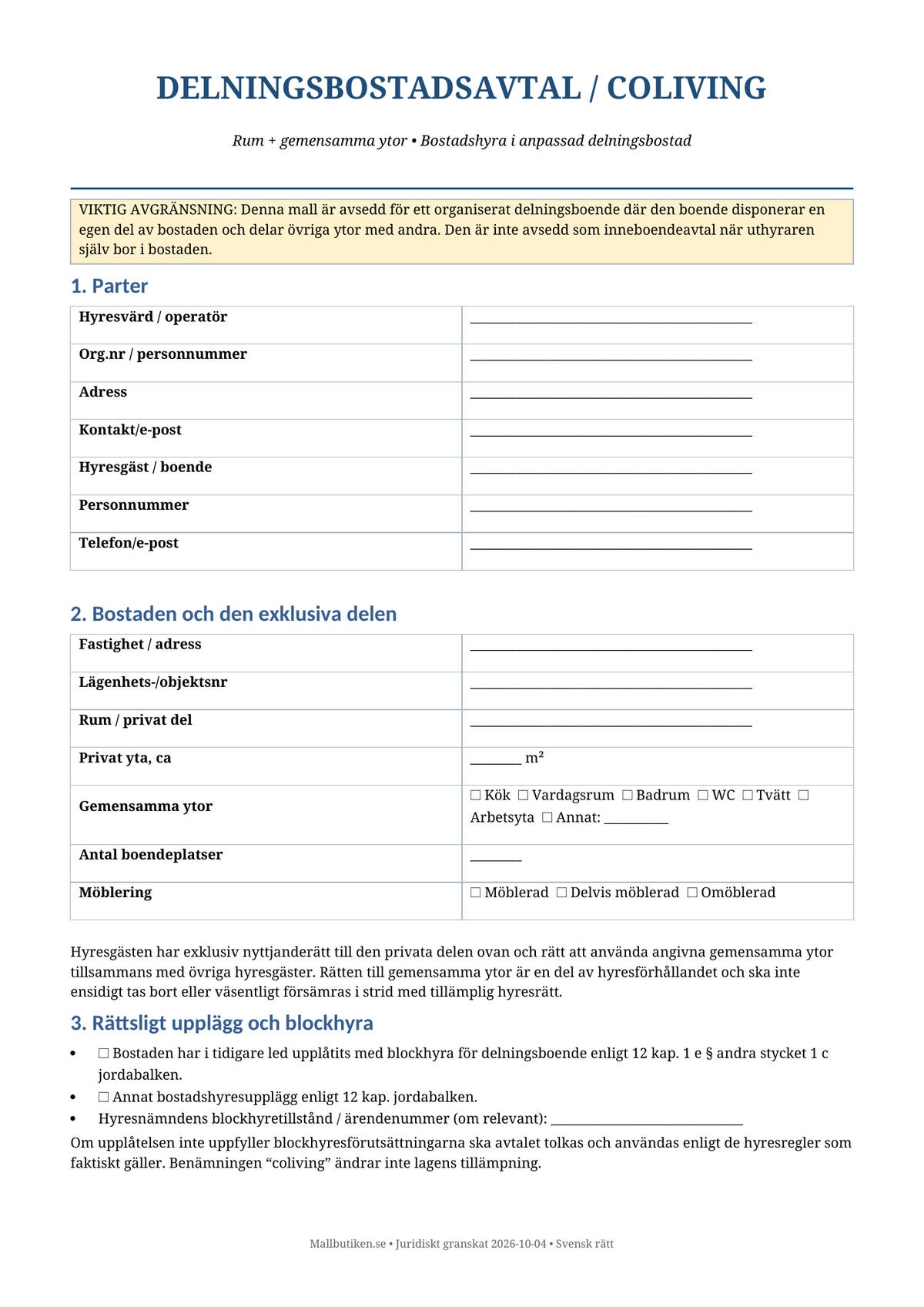 Delningsbostadsavtal coliving svensk mall Word PDF svensk hyresrätt