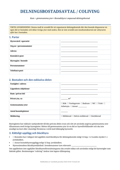Delningsbostadsavtal coliving svensk mall Word PDF svensk hyresrätt