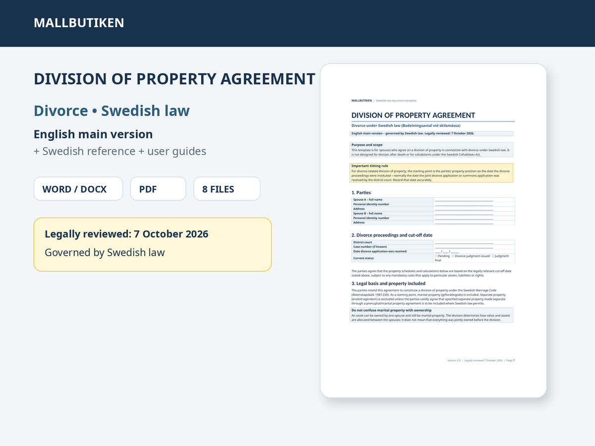 Division of Property Agreement for divorce under Swedish law – English Word and PDF template
