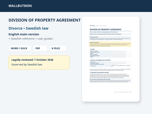 Division of Property Agreement for divorce under Swedish law – English Word and PDF template