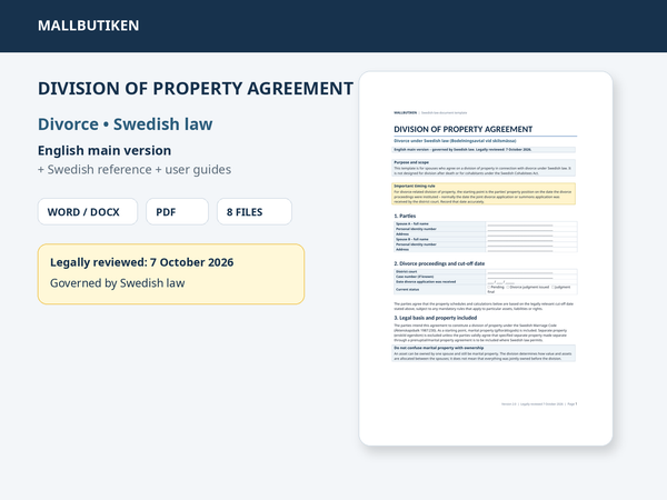 Division of Property Agreement for divorce under Swedish law – English Word and PDF template