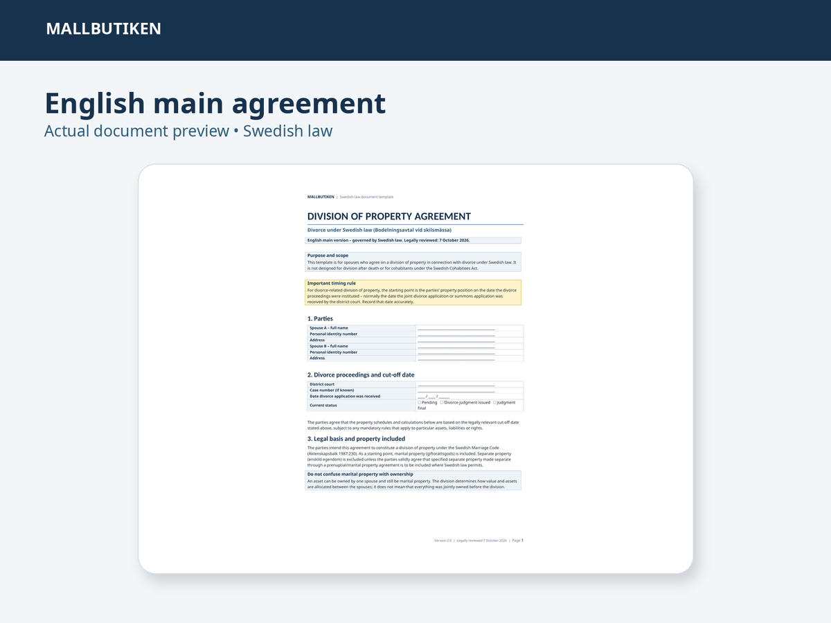 English main version preview of Division of Property Agreement under Swedish law