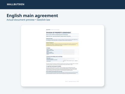 English main version preview of Division of Property Agreement under Swedish law