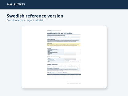 Swedish reference version included with the English Division of Property Agreement