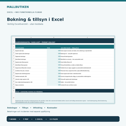 Excelregister för djurpassning med nio flikar och 13 kontrollnyckeltal