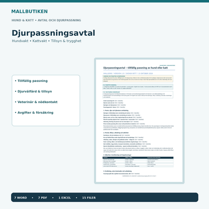 Djurpassningsavtal hund och katt 2026/2027 med verklig Word- och PDF-förhandsvisning