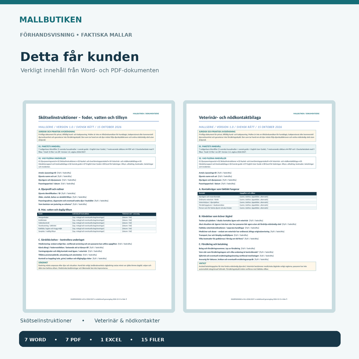 Skötselinstruktioner och veterinär- och nödkontaktbilaga för hundvakt och kattvakt