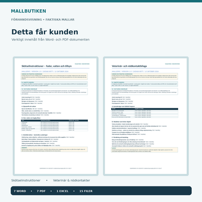 Skötselinstruktioner och veterinär- och nödkontaktbilaga för hundvakt och kattvakt