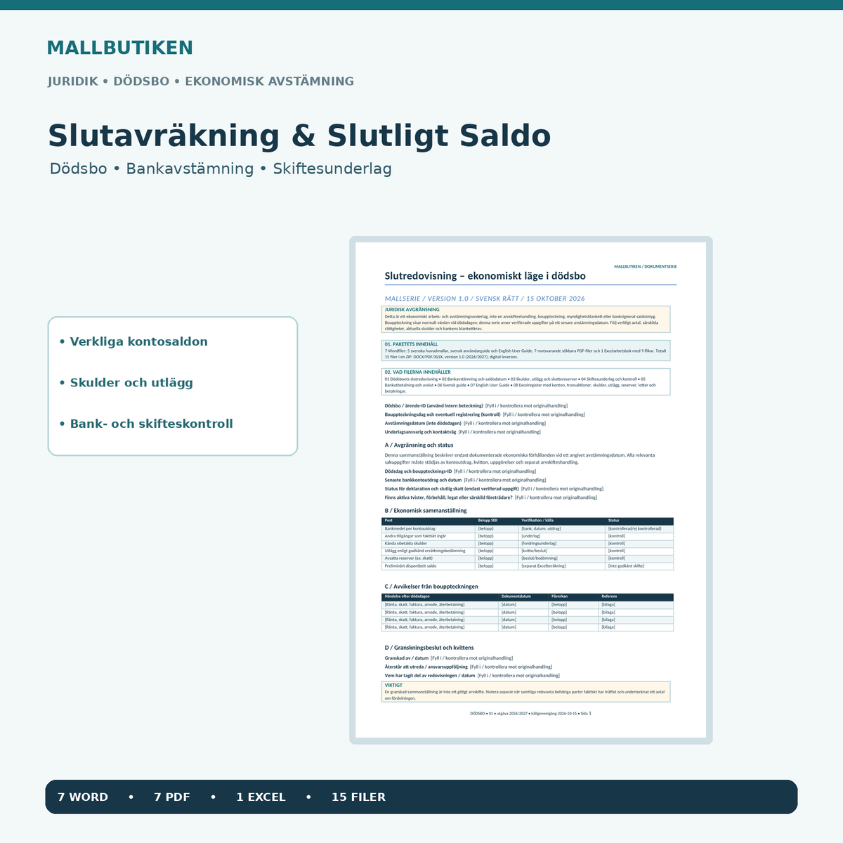 Slutavräkning dödsbo Word PDF Excel – verklig huvudmall och 15 filer