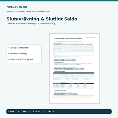 Slutavräkning dödsbo Word PDF Excel – verklig huvudmall och 15 filer