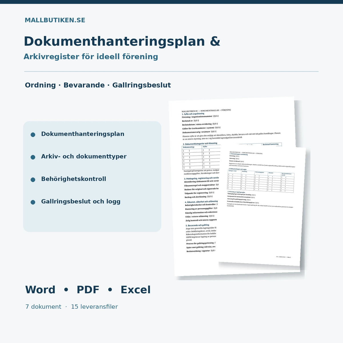 Dokumenthanteringsplan och arkivregister för ideell förening Word PDF Excel