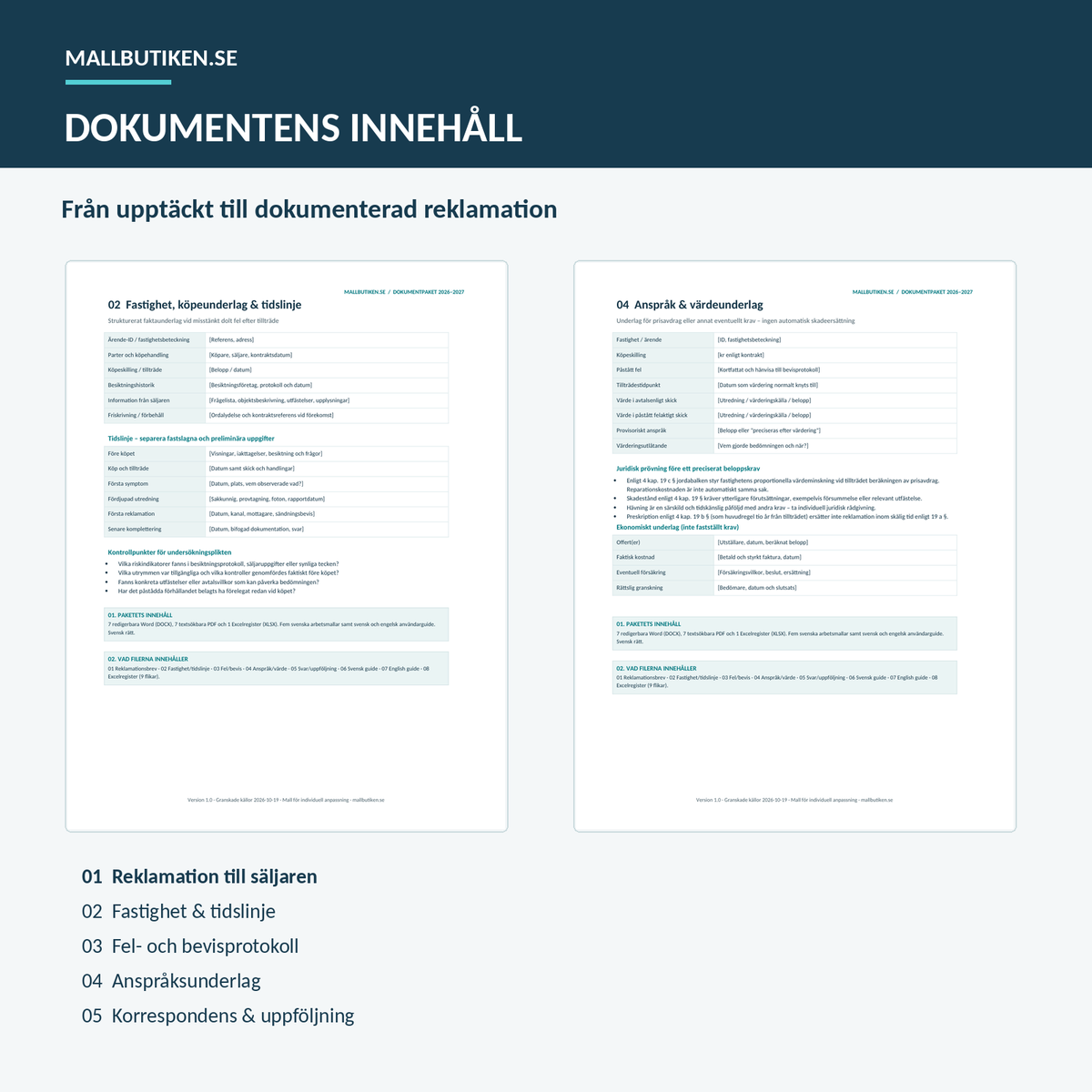 Mall för reklamationsbrev till säljare, fastighetstidslinje och fel- och bevisprotokoll i Word och PDF