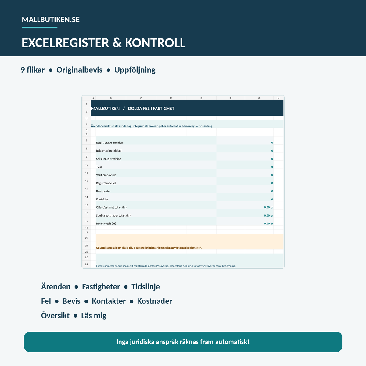 Excelregister med nio flikar för misstänkta dolda fel i fastighet och underlagsuppföljning