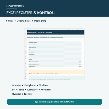 Excelregister med nio flikar för misstänkta dolda fel i fastighet och underlagsuppföljning