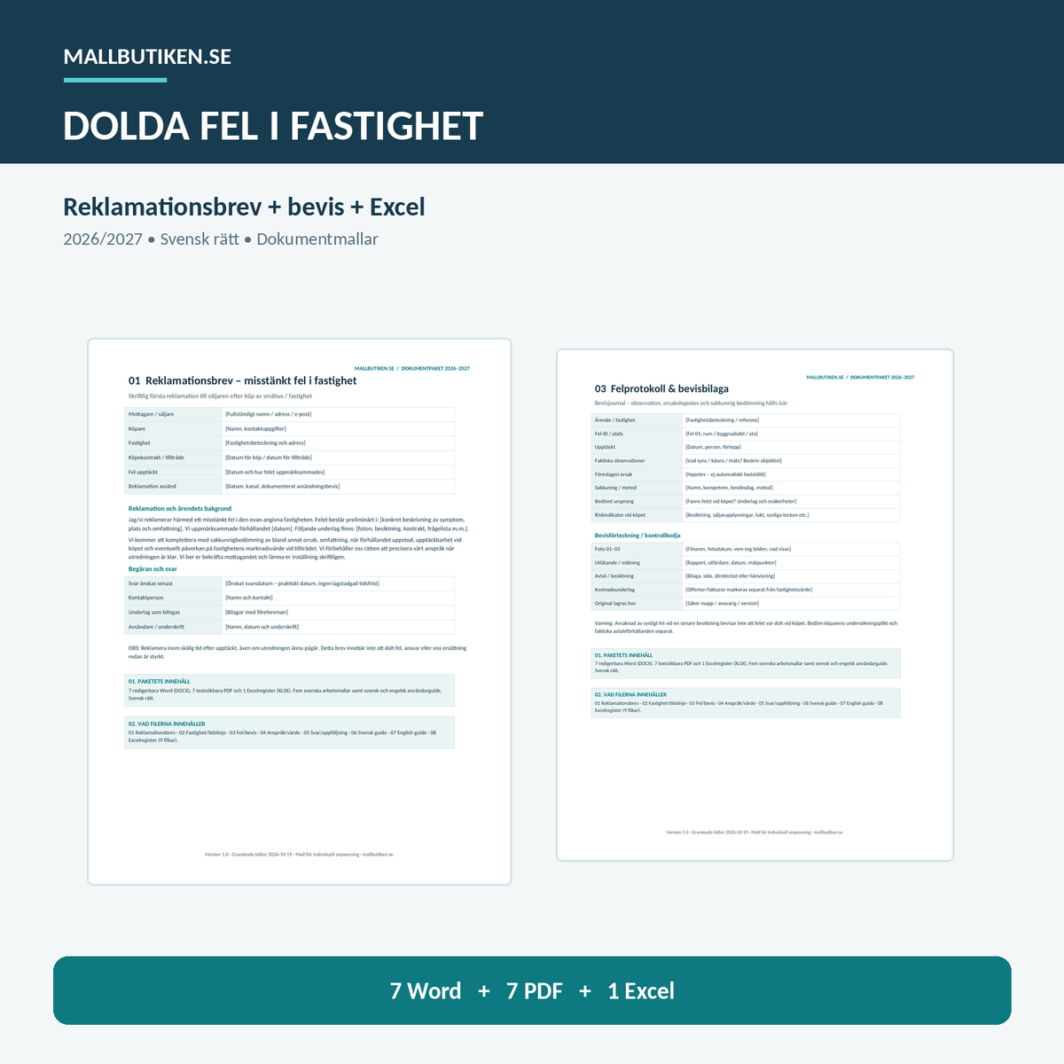Reklamation vid dolda fel fastighet – verkligt dokumentpaket Word PDF Excel 2026/2027