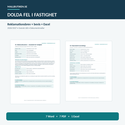 Reklamation vid dolda fel fastighet – verkligt dokumentpaket Word PDF Excel 2026/2027