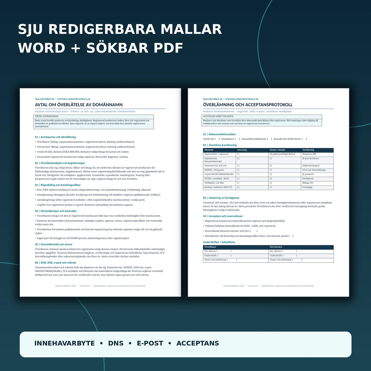 Förhandsvisning av svenska Word- och PDF-mallar för domänöverlåtelse, innehavarbyte och DNS-överlämning