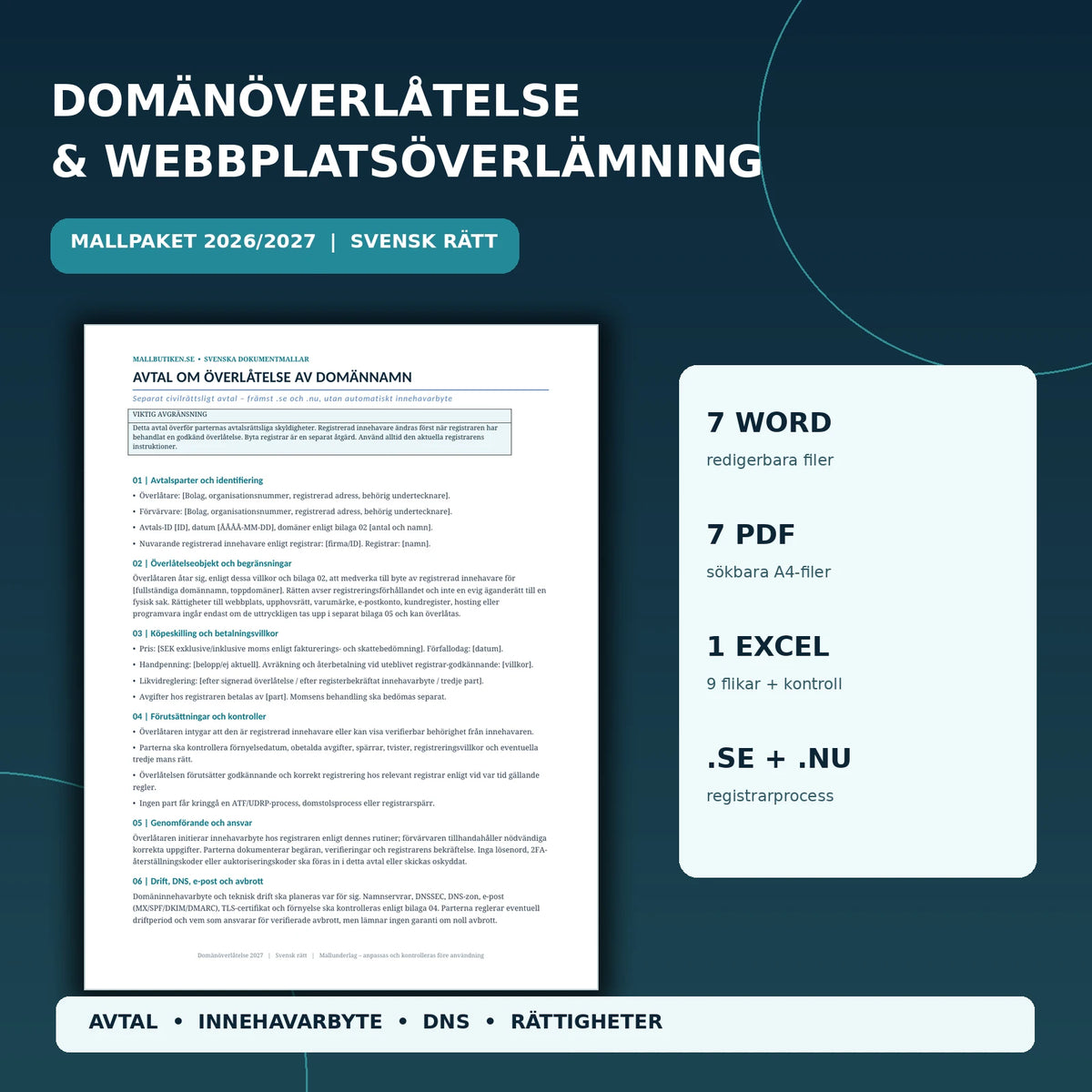 Domänöverlåtelse och webbplatsöverlämning 2027 – 7 Word, 7 PDF och 1 Excel med nio flikar för .se och .nu