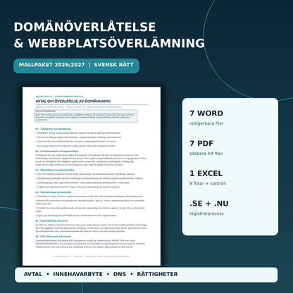 Domänöverlåtelse och webbplatsöverlämning 2027 – 7 Word, 7 PDF och 1 Excel med nio flikar för .se och .nu