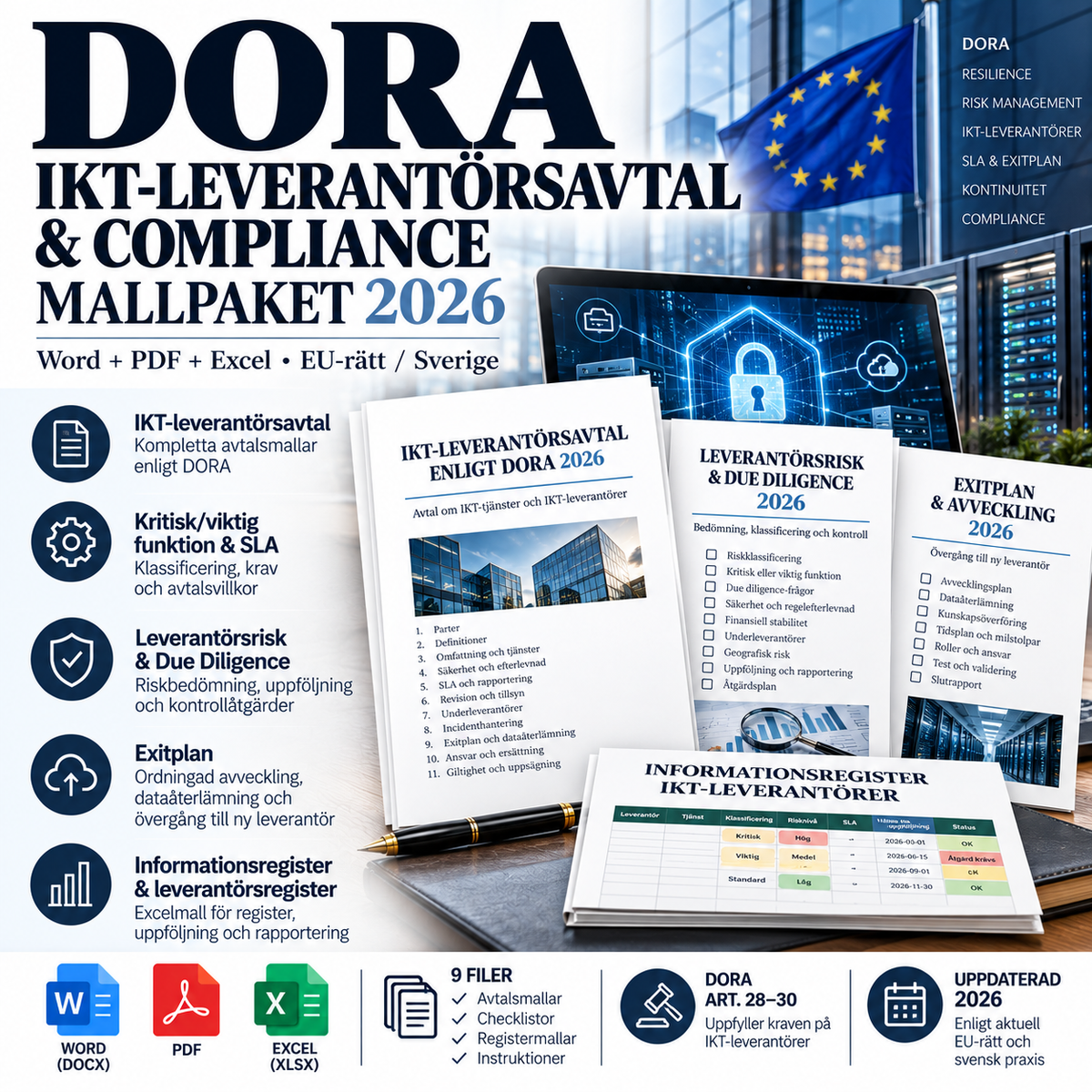 DORA IKT-leverantörsavtal och compliance mallpaket 2026 – Word PDF Excel
